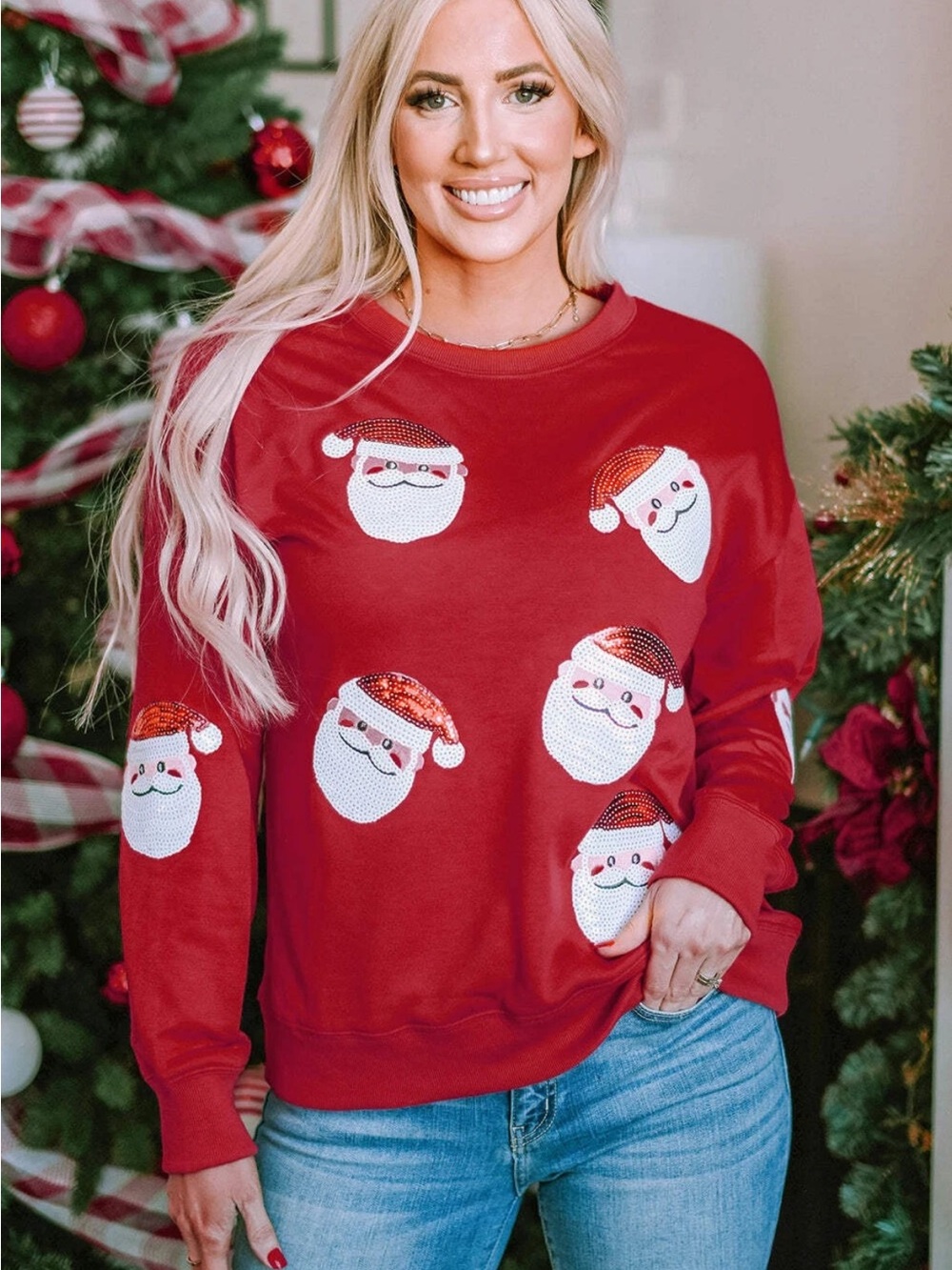 Women’s Christmas Red Santa Sequin Crewneck Sweater size XL new